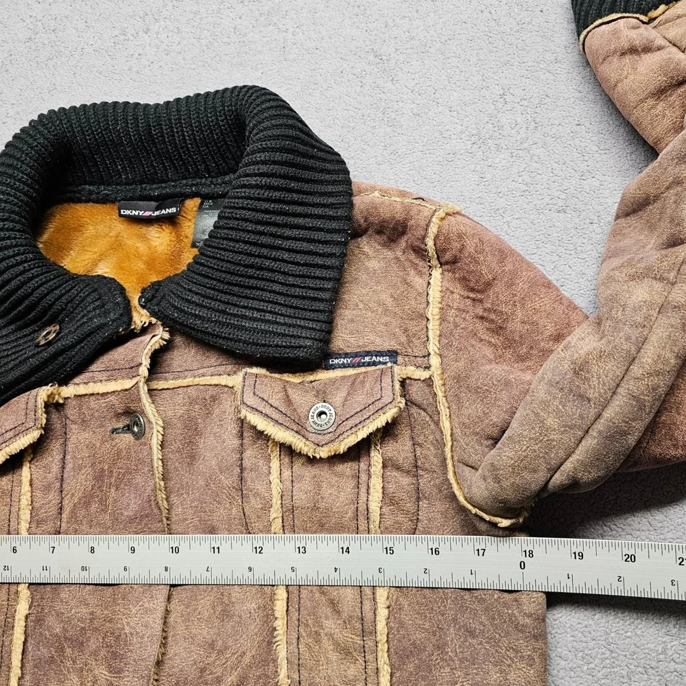DKNY Faux Shearling‎ Jacket Girls Large Brown Lined Ribbed Collar Button Front